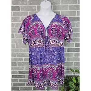 Rusttydustty Bohemian Romper Swim Cover-Up 2XL Tie Neck Paisley Print Purple NWT